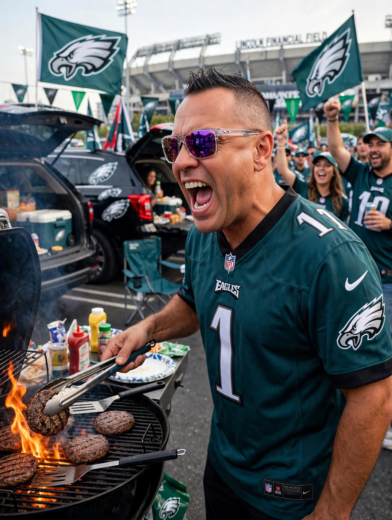 The Roast King Moe Train shouting at a Philadelphia football tailgate