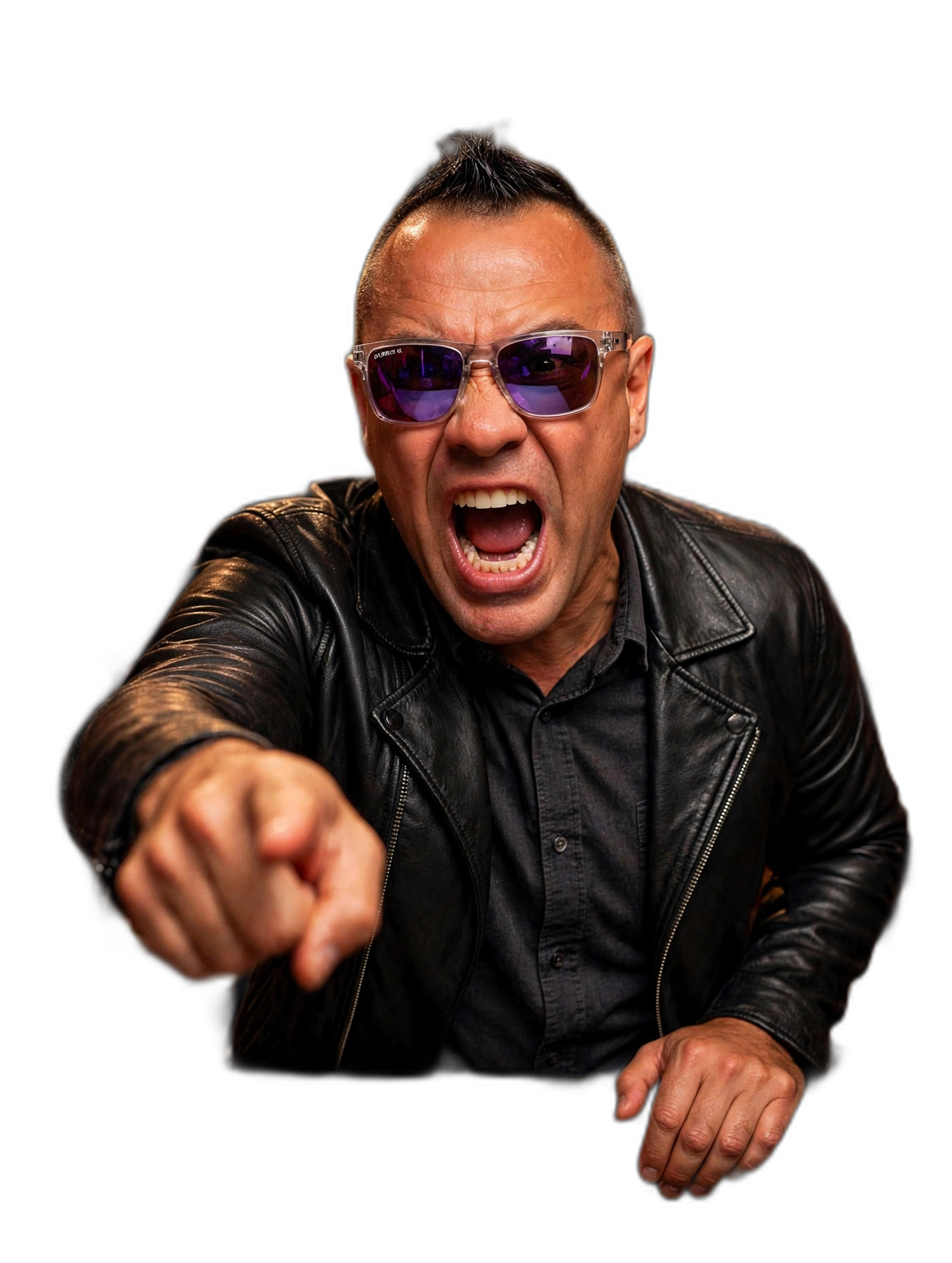 The Roast King Moe Train pointing and yelling in a black leather jacket