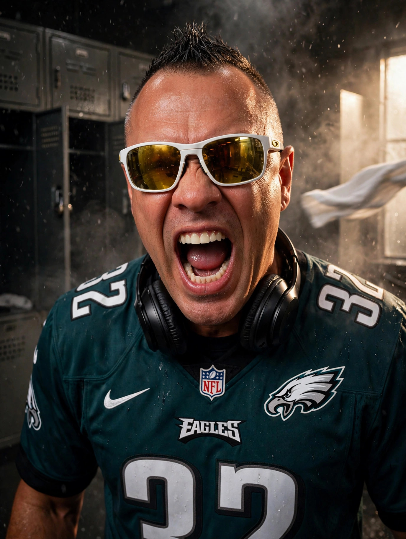 The Roast King Moe Train in a Philadelphia Eagles locker room